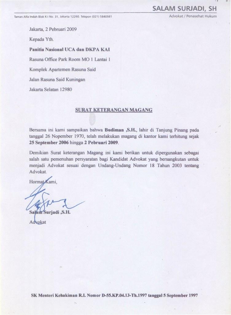 Contoh Surat Lamaran Magang Mahasiswa Di Kantor Hukum