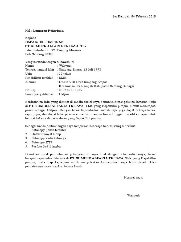 Contoh Surat Lamaran Masuk Indomaret