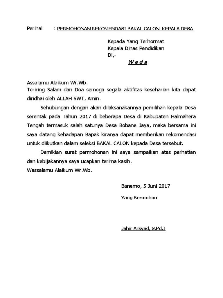 Contoh Surat Lamaran Mejadi Calon Kepala Desa