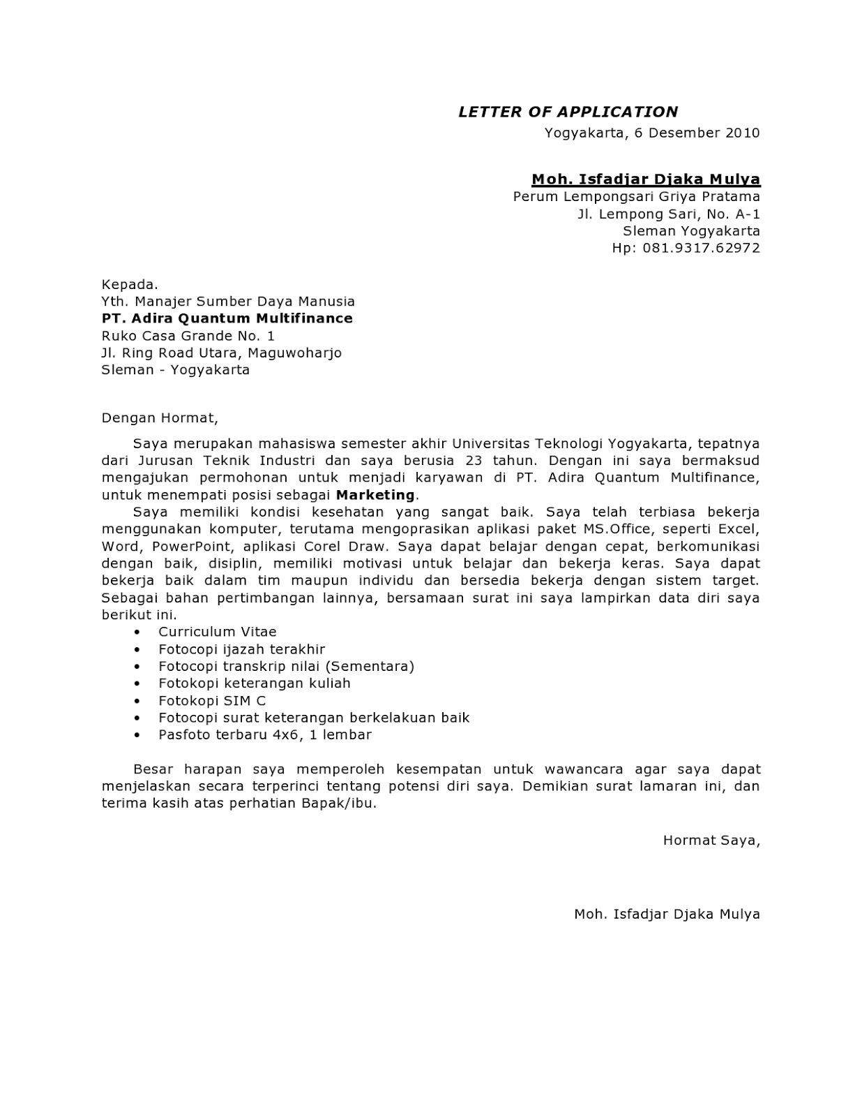 Contoh Surat Lamaran Mengikuti Seleksi Part Time Mahasiswa  Surat