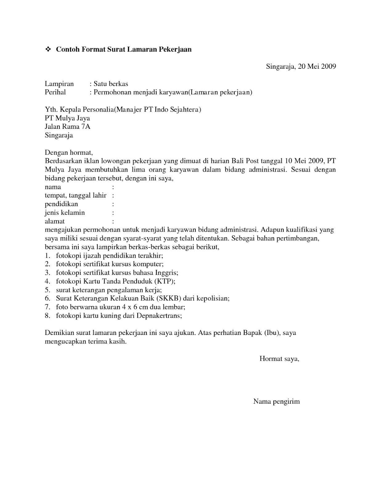 Contoh Surat Lamaran Menjadi Admin
