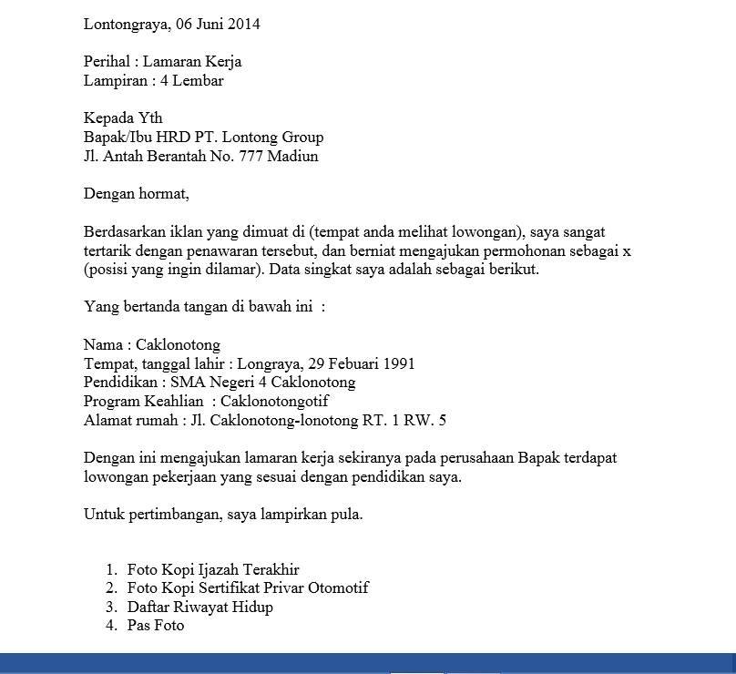 Contoh Surat Lamaran Peekerjaan