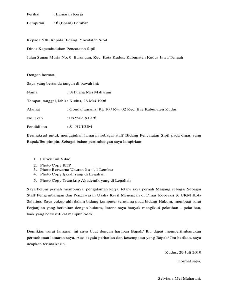 Contoh Surat Lamaran Pejkerjaan Di Pencatatan Nsipil