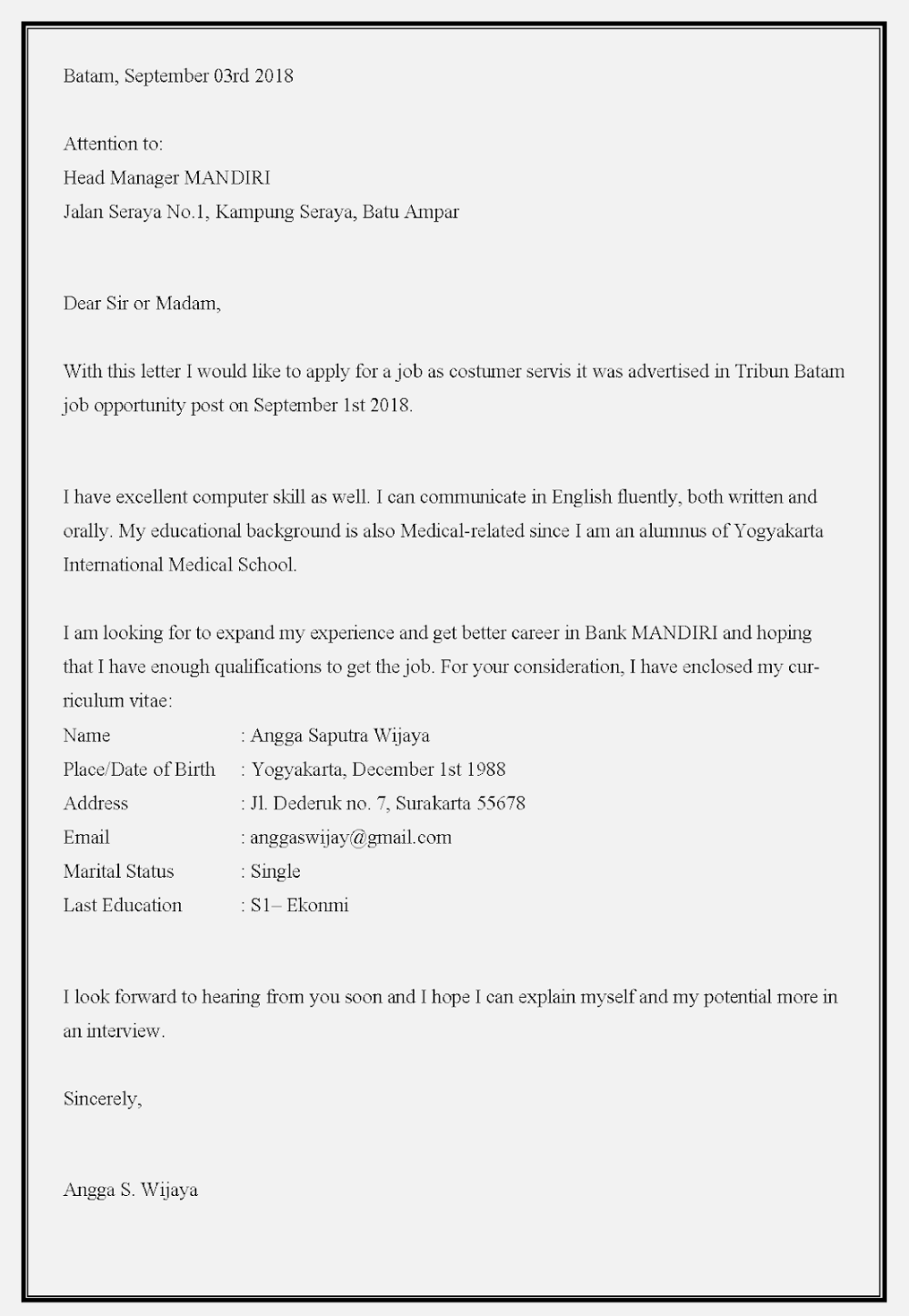Contoh Surat Lamaran Pekerjaan Bank Devisa Swasta Nasional