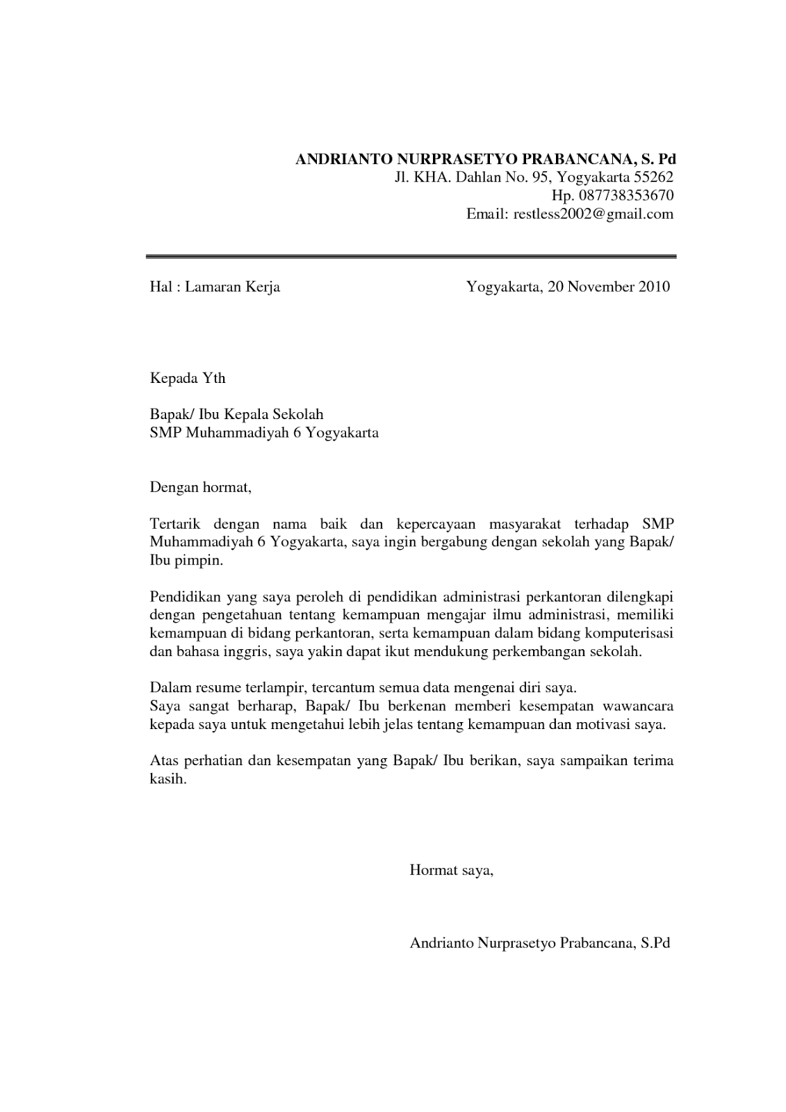 Contoh Surat Lamaran Pekerjaan Dalm Bahasa Inggris Beserta Pertanyaannya