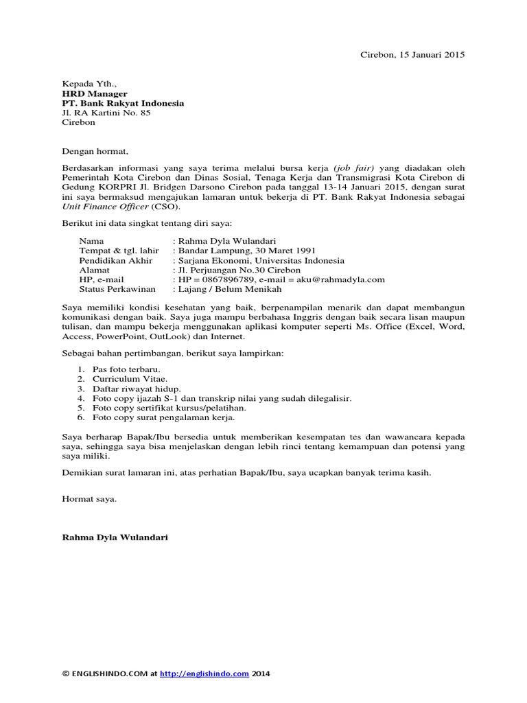 Contoh Surat Lamaran Pekerjaan Di Bank Dalam Bahasa Inggris