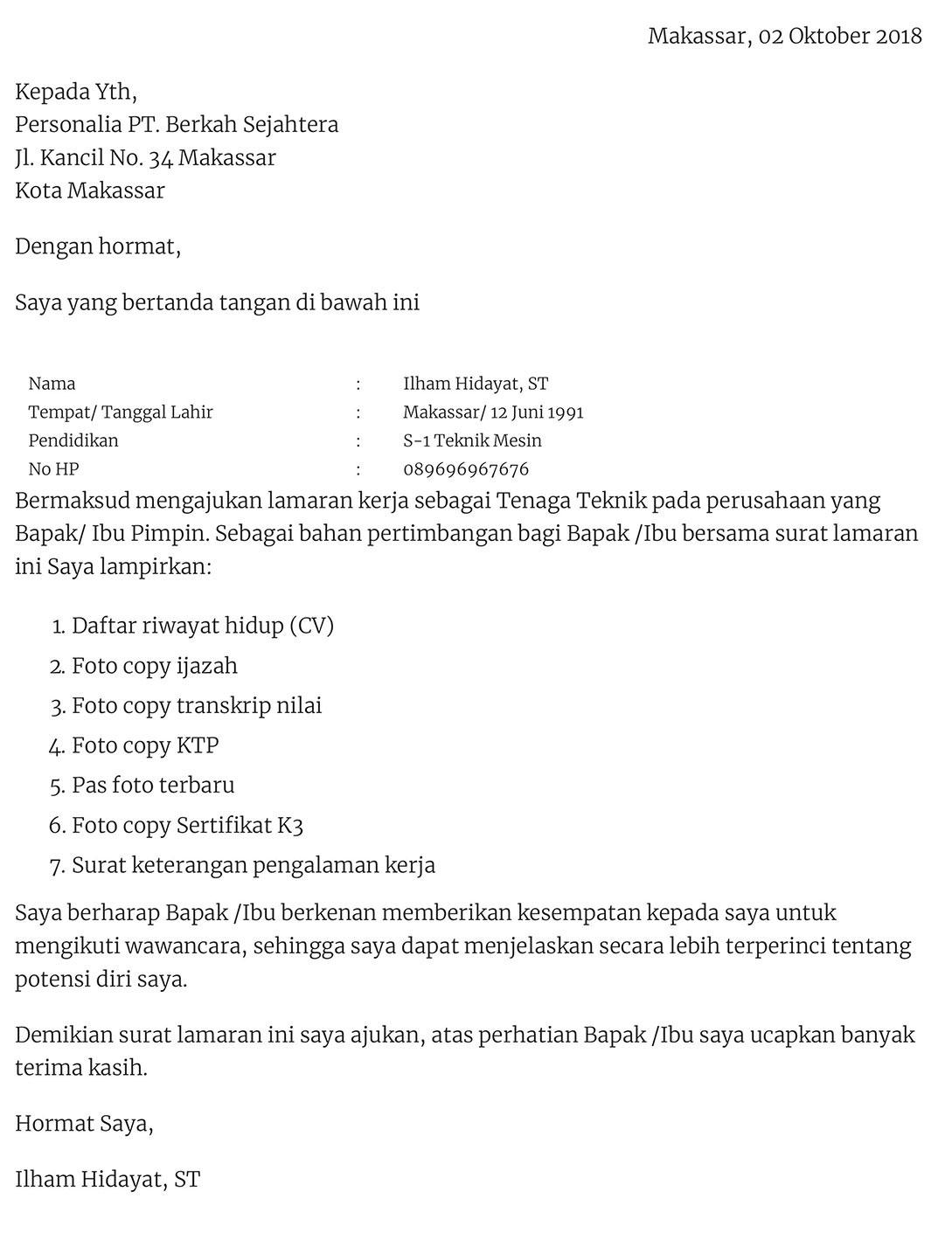 Contoh Surat Lamaran Pekerjaan Di Bumn Format Doc