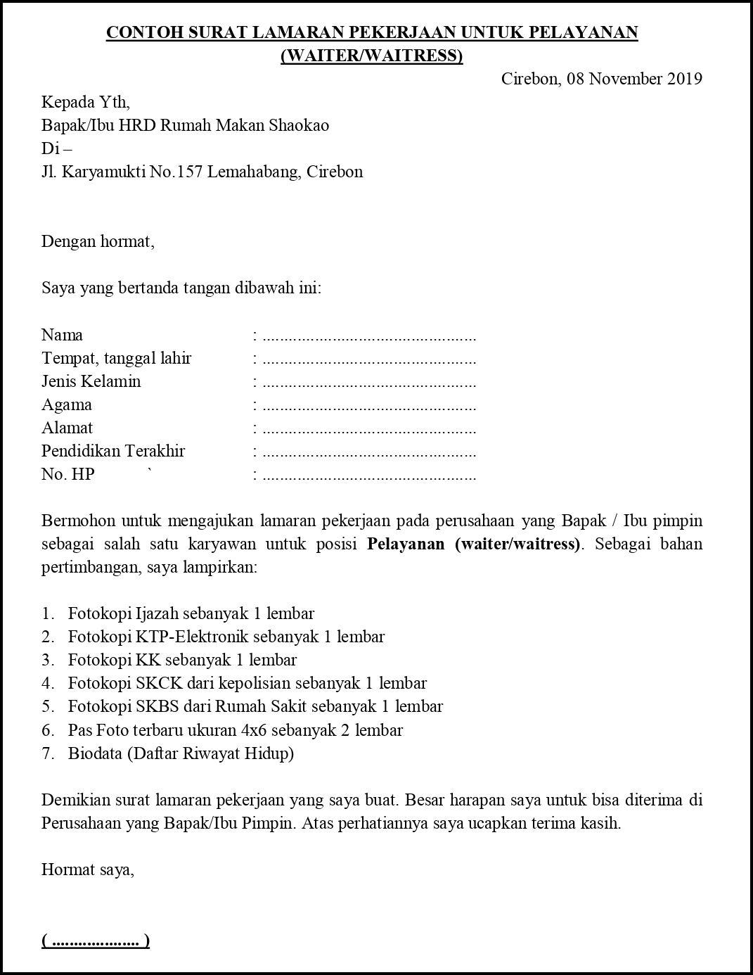 Contoh Surat Lamaran Pekerjaan Di Kafe
