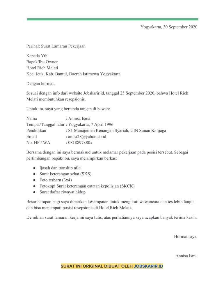 Contoh Surat Lamaran Pekerjaan Di Kantor Sebagai Receptions