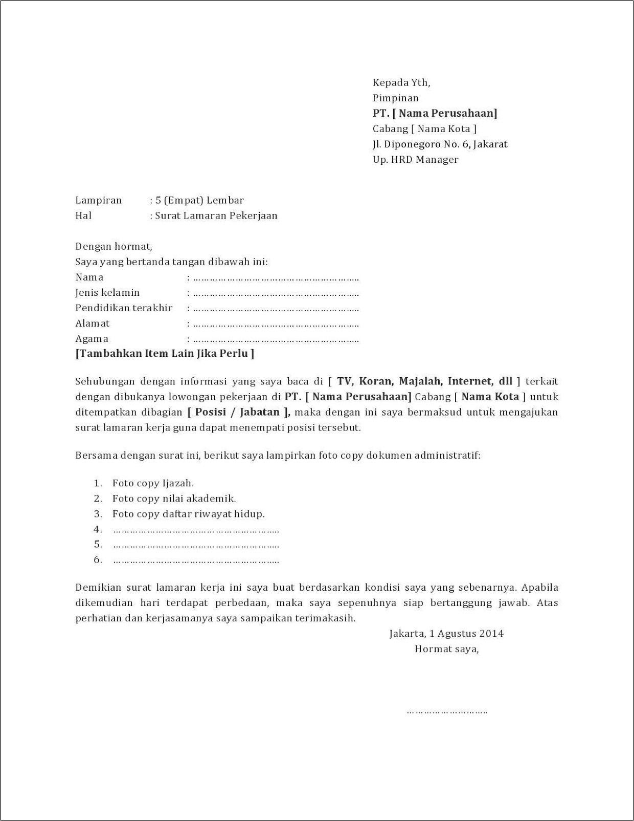 Contoh Surat Lamaran Pekerjaan Freelance