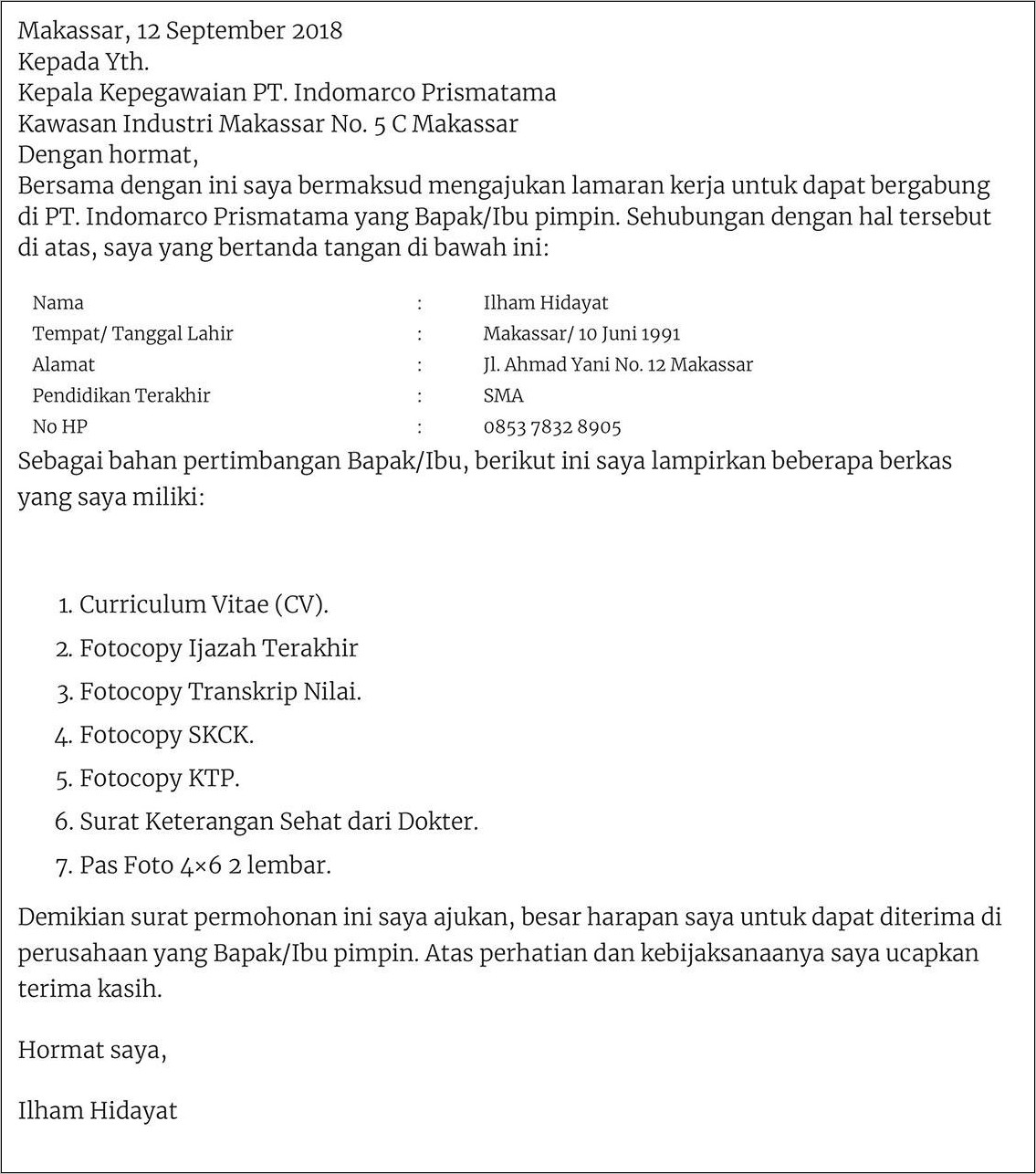 Contoh Surat Lamaran Pekerjaan Liniera