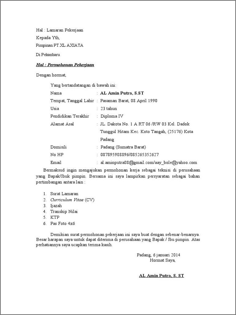 Contoh Surat Lamaran Pekerjaan Marketing Pt Sentra Power Nusantara