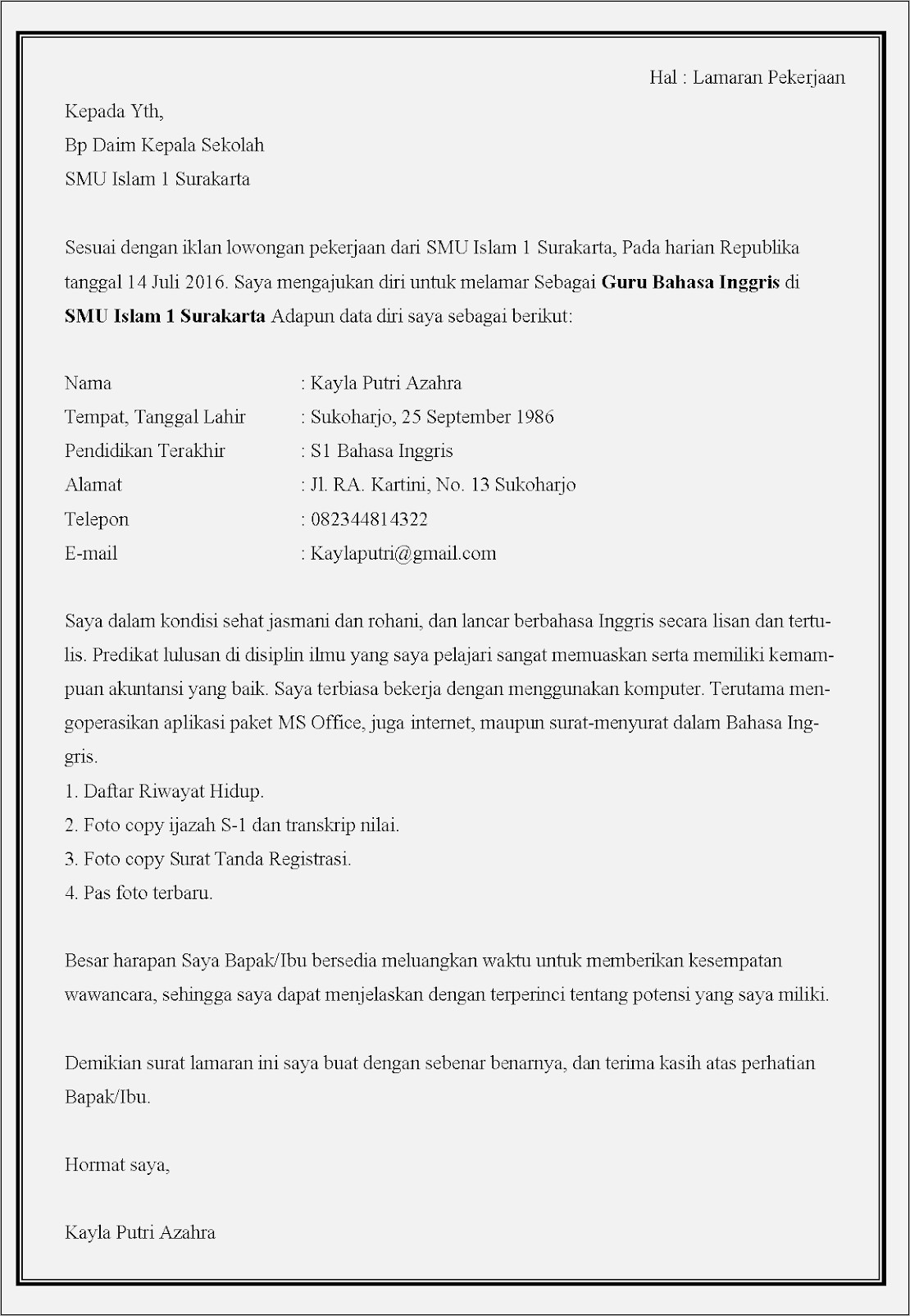 Contoh Surat Lamaran Pekerjaan Mendaftar Sebagai Guru