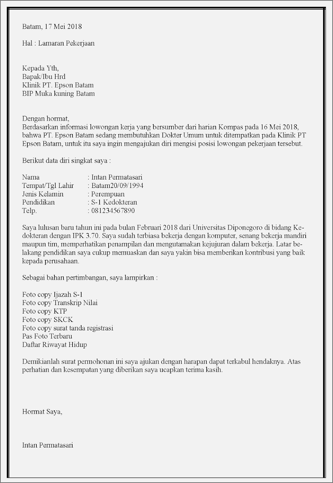 Contoh Surat Lamaran Pekerjaan Menjadi Dokter