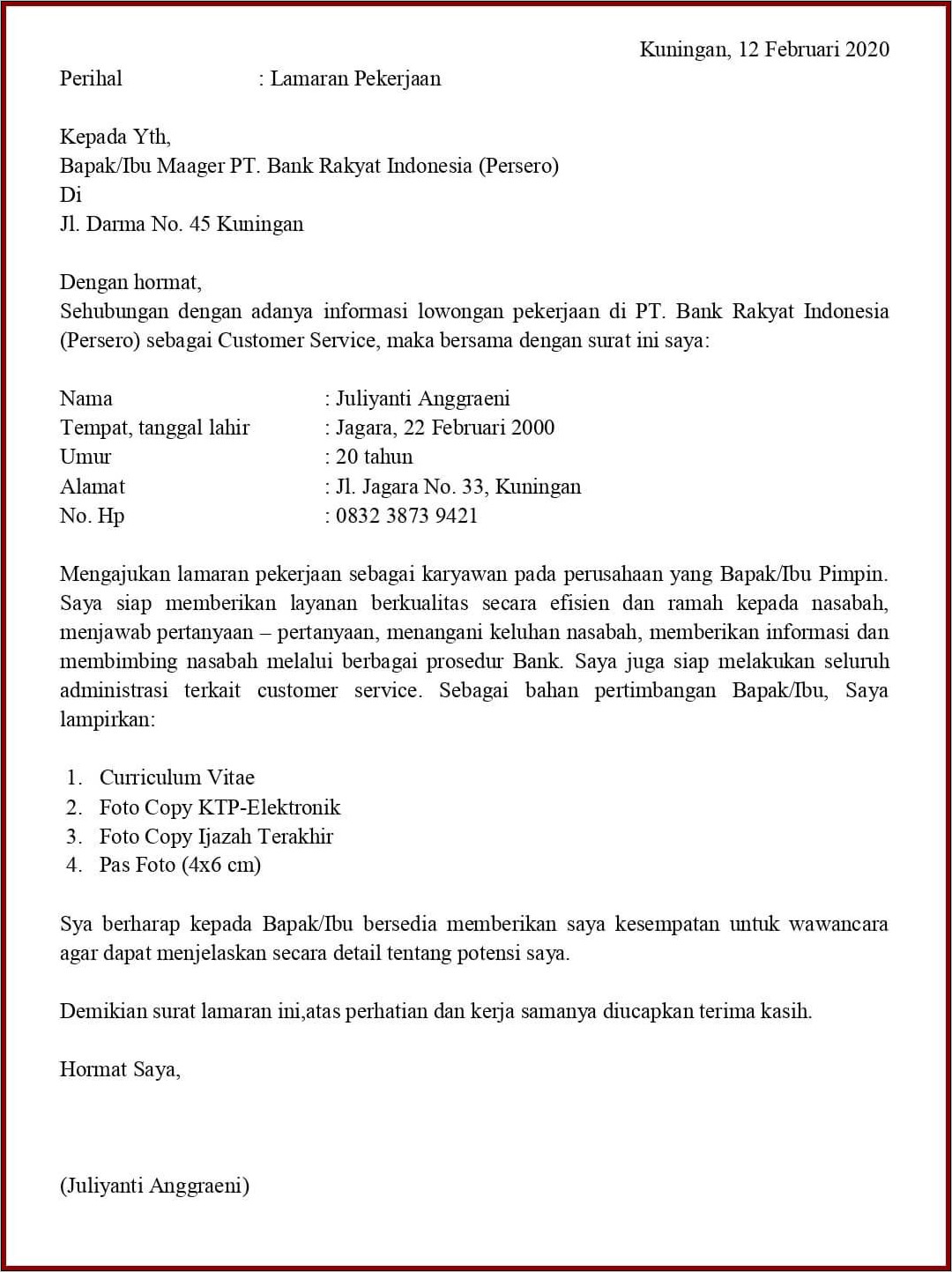 Contoh Surat Lamaran Pekerjaan Persero
