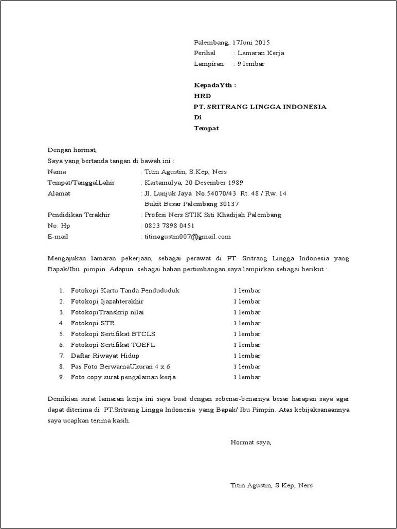 Contoh Surat Lamaran Pekerjaan Personalia Sadar Djaya