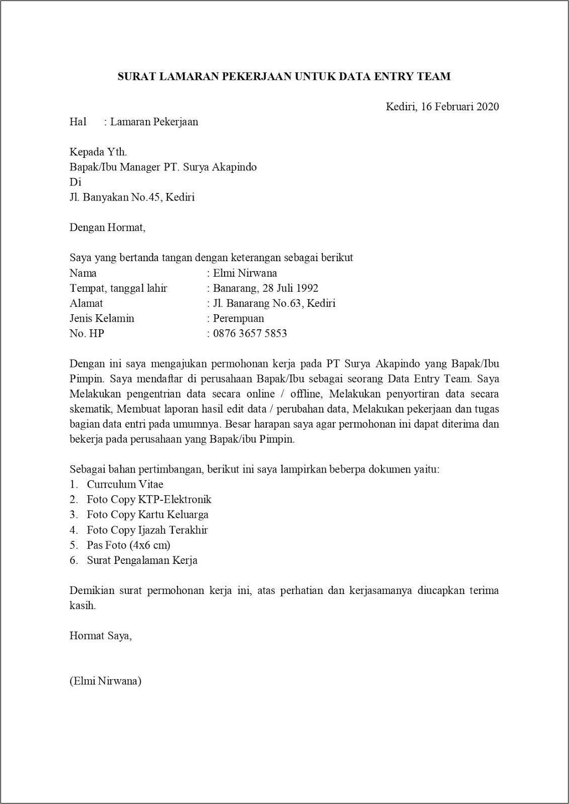 Contoh Surat Lamaran Pekerjaan Pt Adira