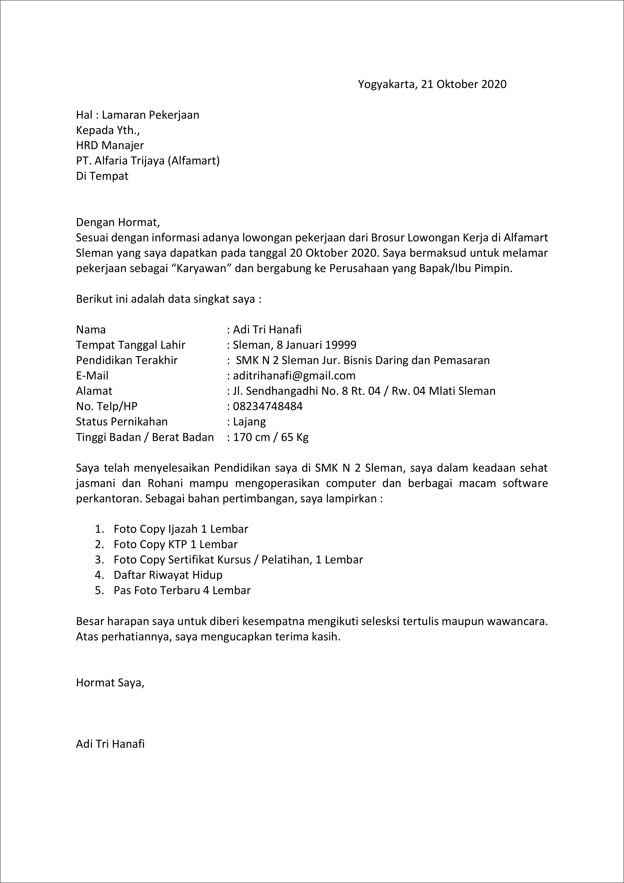 Contoh Surat Lamaran Pekerjaan Pt Indomarco