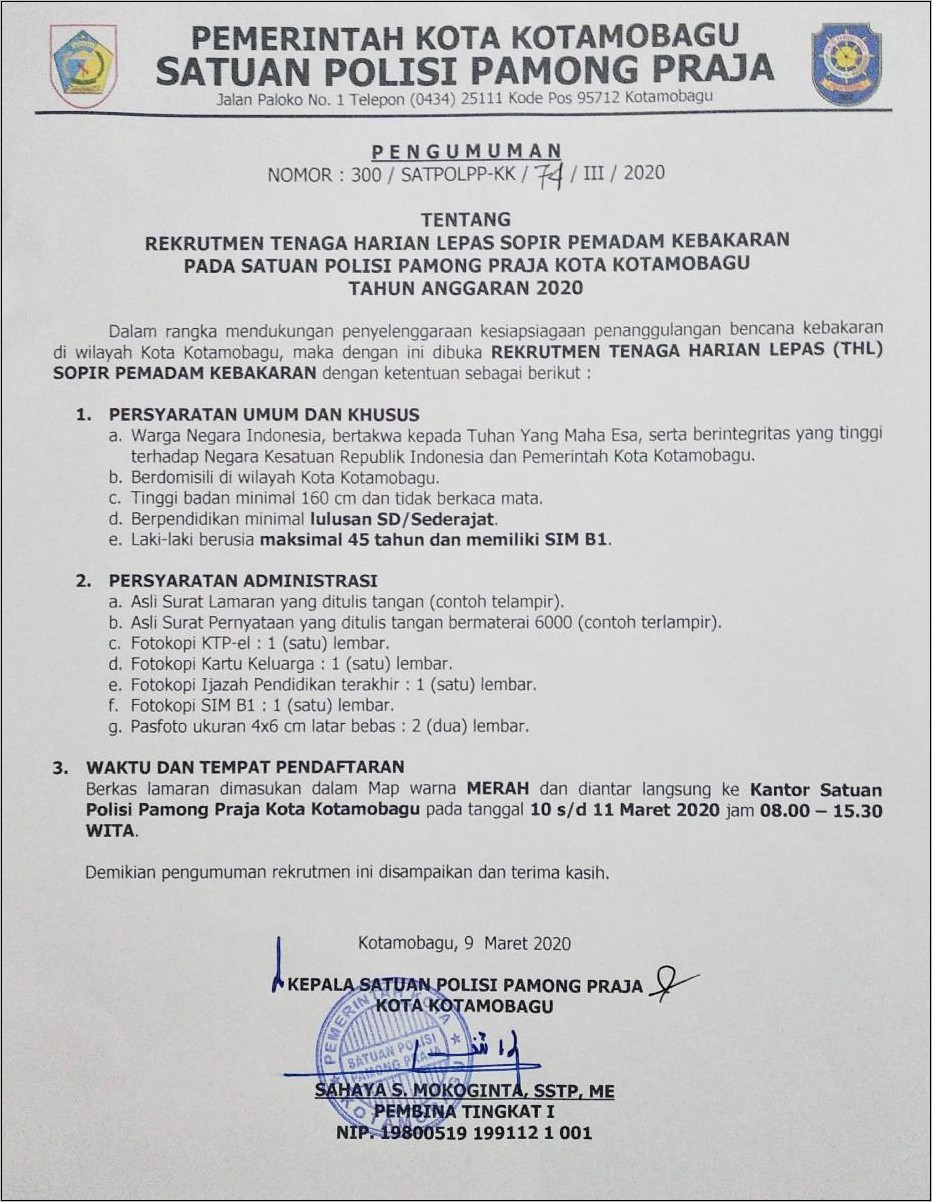 Contoh Surat Lamaran Pekerjaan Sat Pol Pp