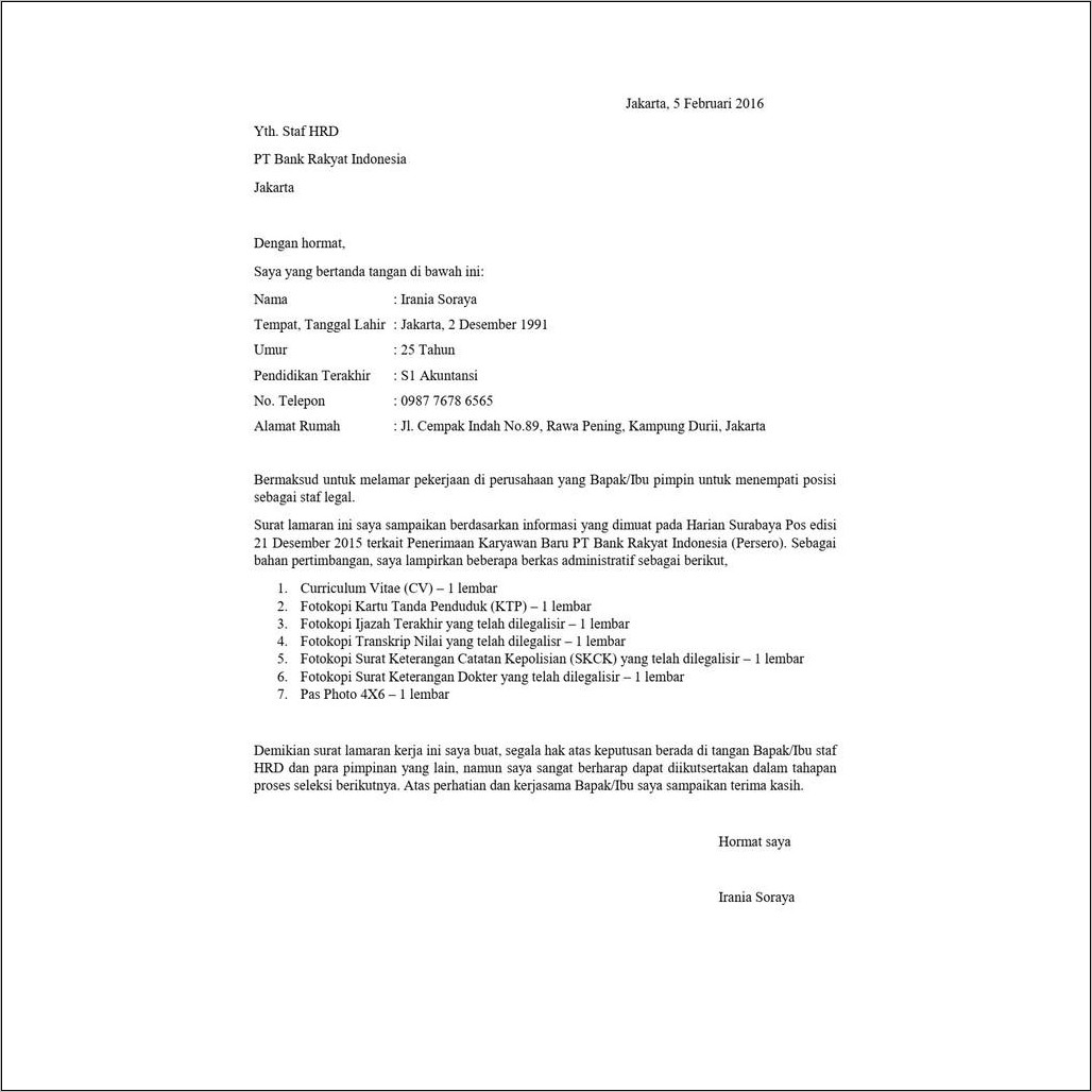 Contoh Surat Lamaran Pekerjaan Satpam Di Pt Pln Persero 2018