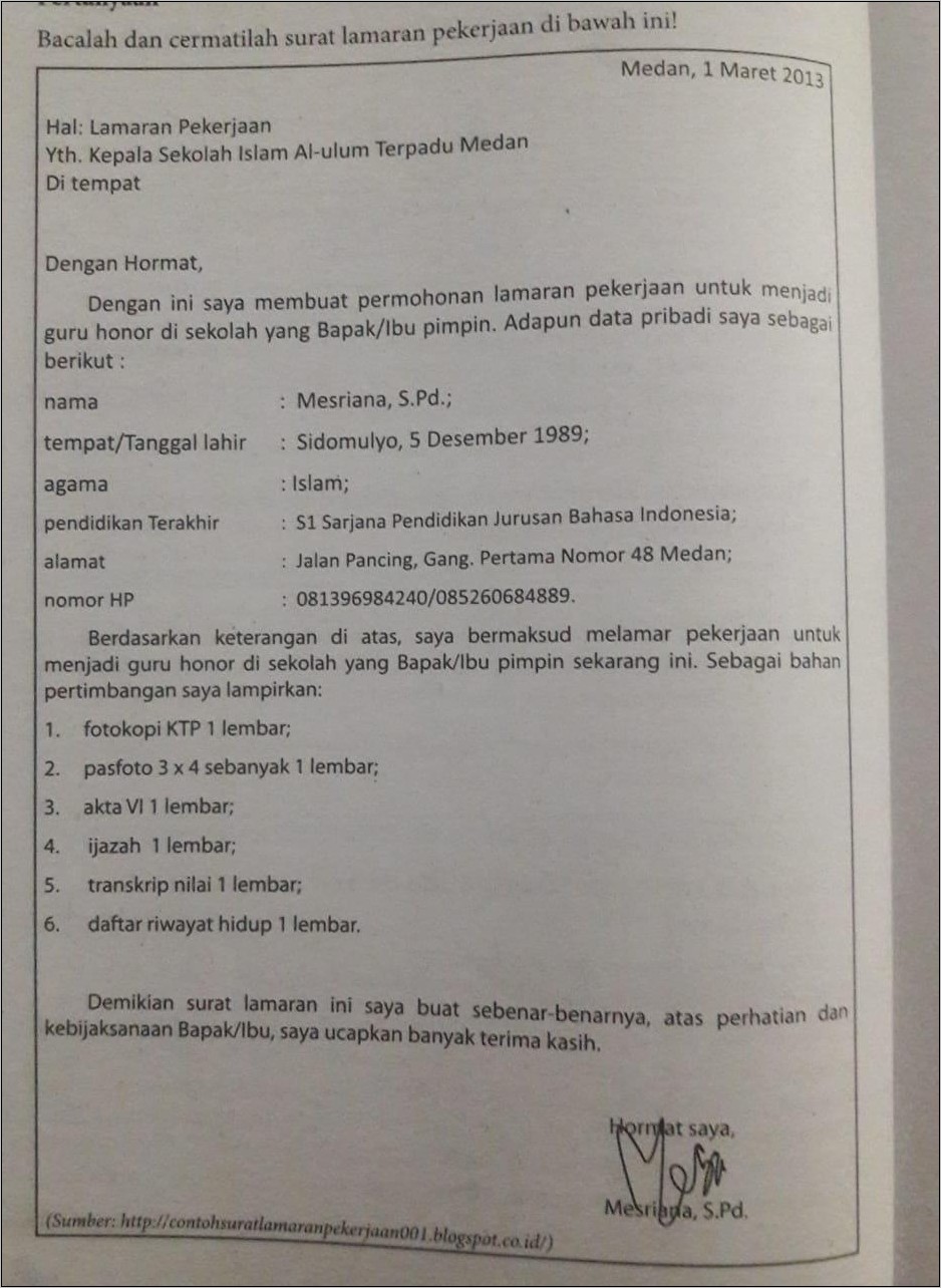 Contoh Surat Lamaran Pekerjaan Sesuai Dengan Sistematika Penulisan Surat