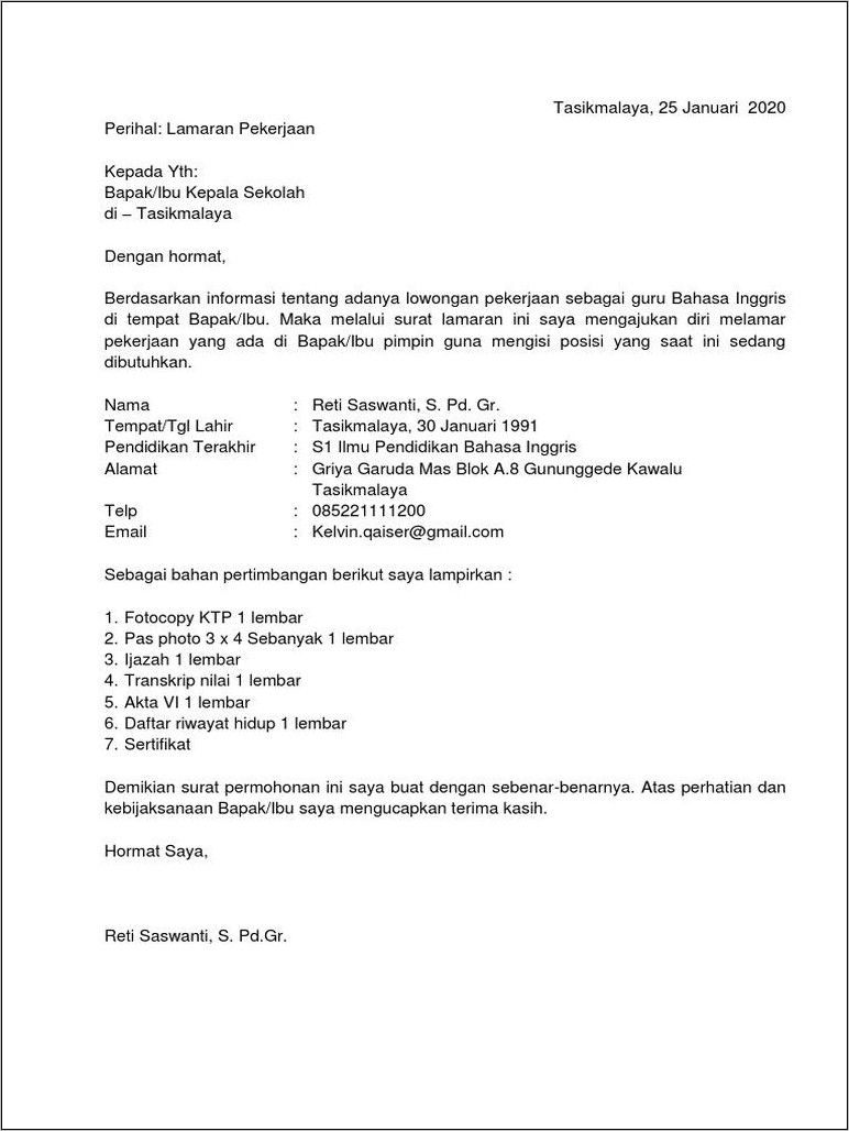 Contoh Surat Lamaran Pekerjaan Snk