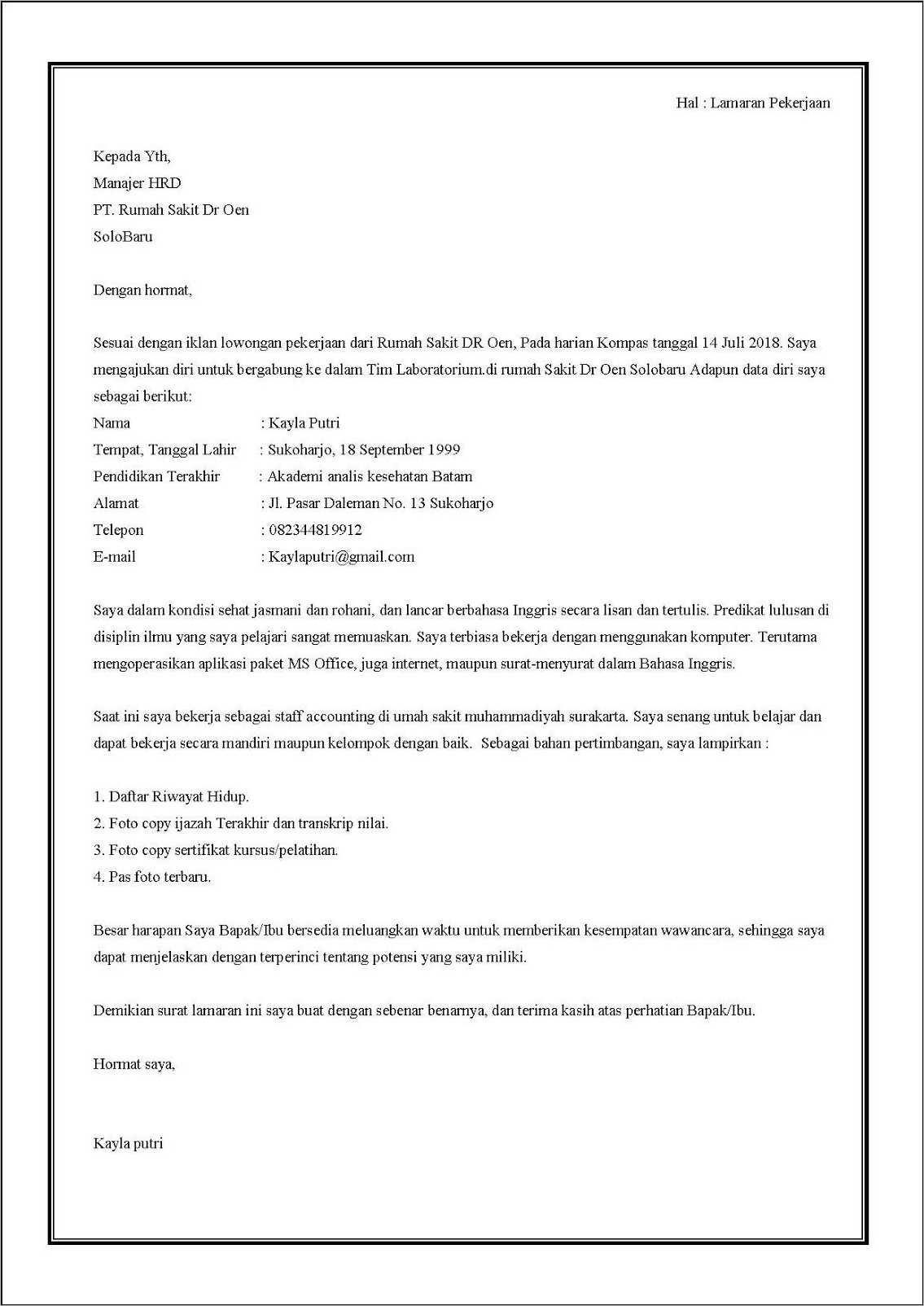 Contoh Surat Lamaran Pekerjaan Untuk Anak Smk