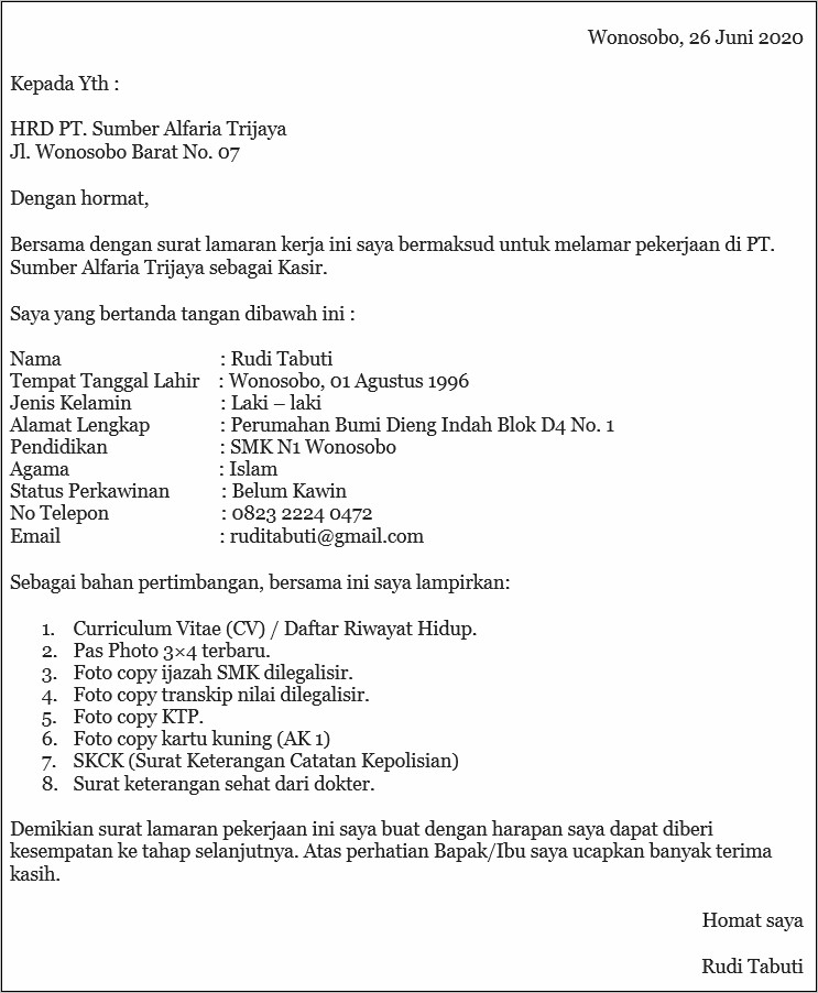 Contoh Surat Lamaran Pekerjaan Valid