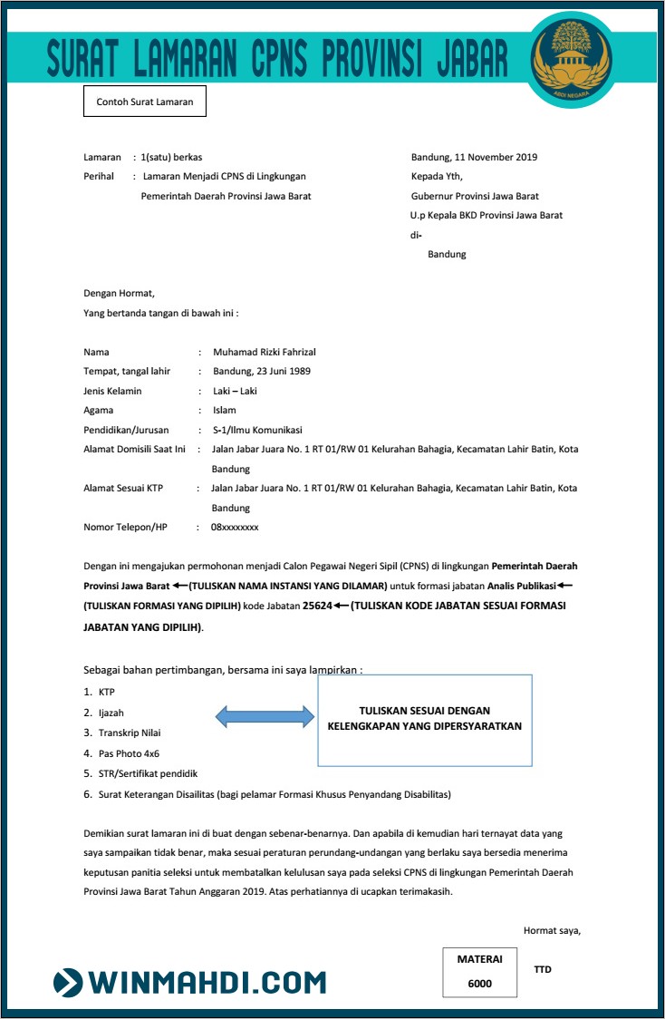 Contoh Surat Lamaran Pemprov 2019 Cpns