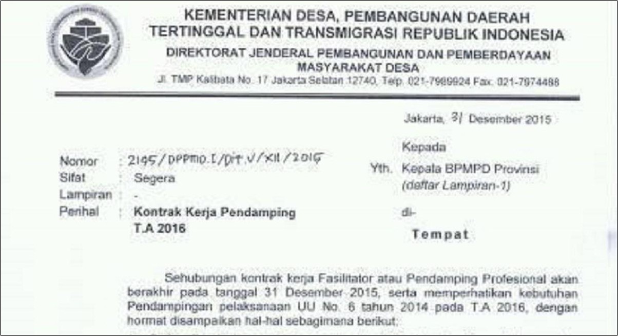 Contoh Surat Lamaran Pendamping Desa Lokal