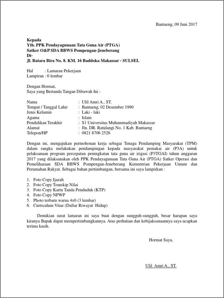 Contoh Surat Lamaran Pendamping Desa Teknik Infrastruktur