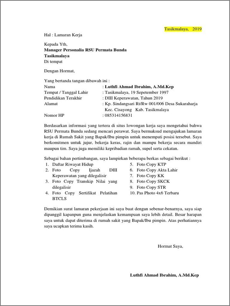 Contoh Surat Lamaran Perawat Cpns 2019