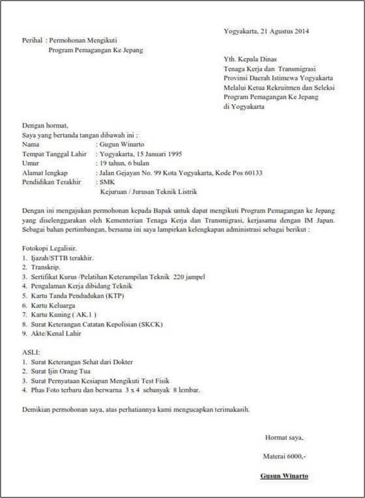 Contoh Surat Lamaran Permohonan Ojt