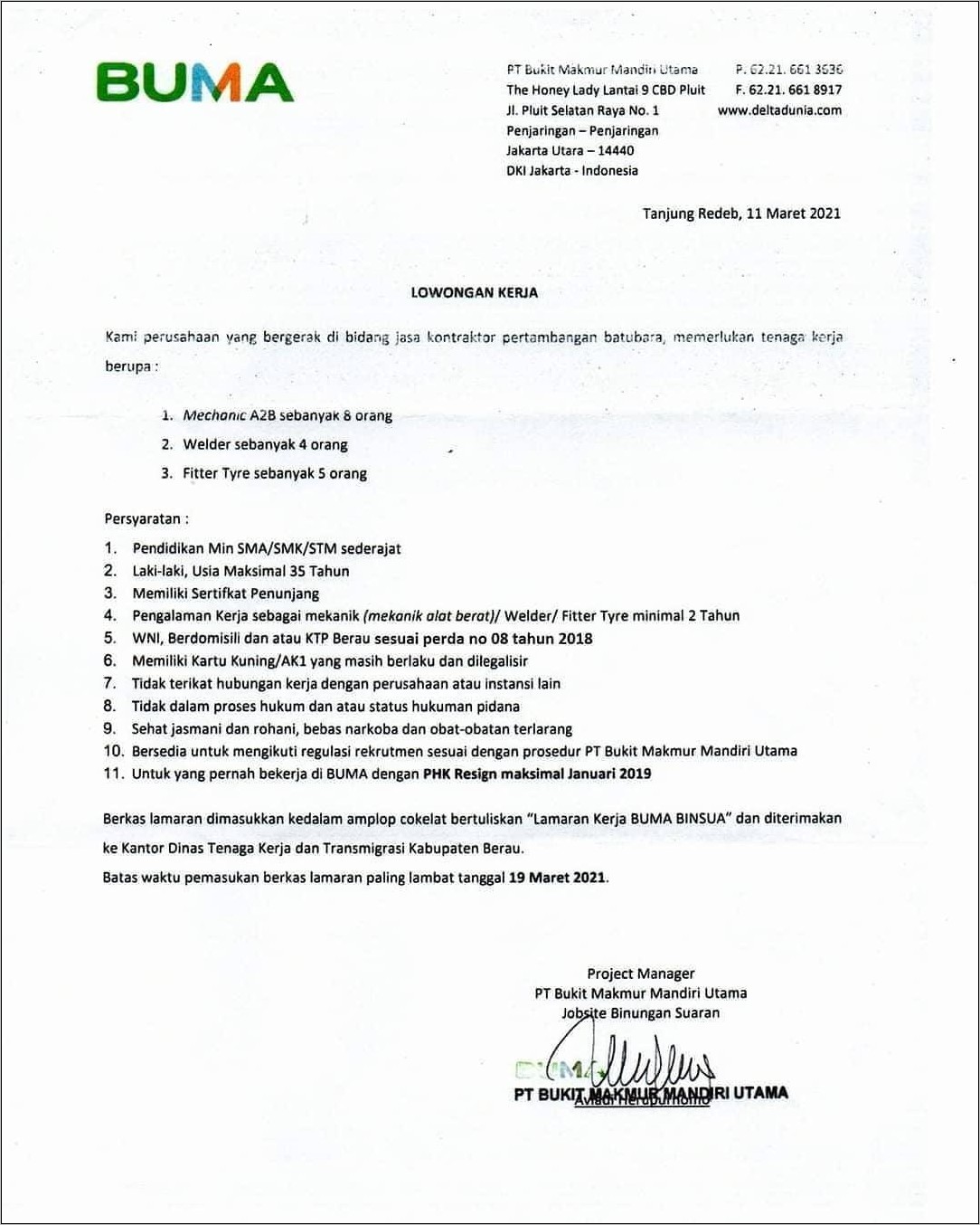 Contoh Surat Lamaran Pertambangan Batubara