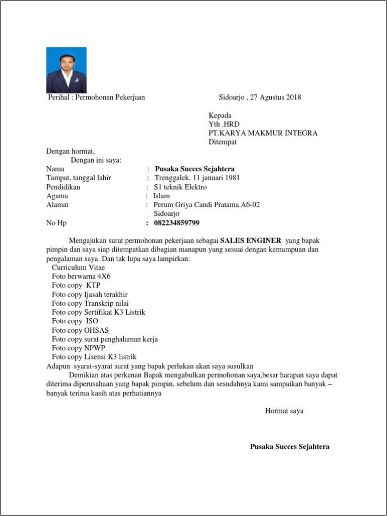 Contoh Surat Lamaran Perusahaan Swasta Pt Telesindo