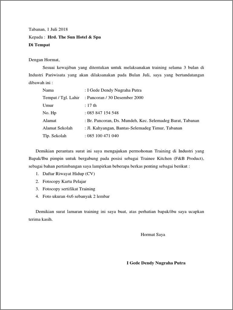 Contoh Surat Lamaran Pkl Smk Bahasa Inggris