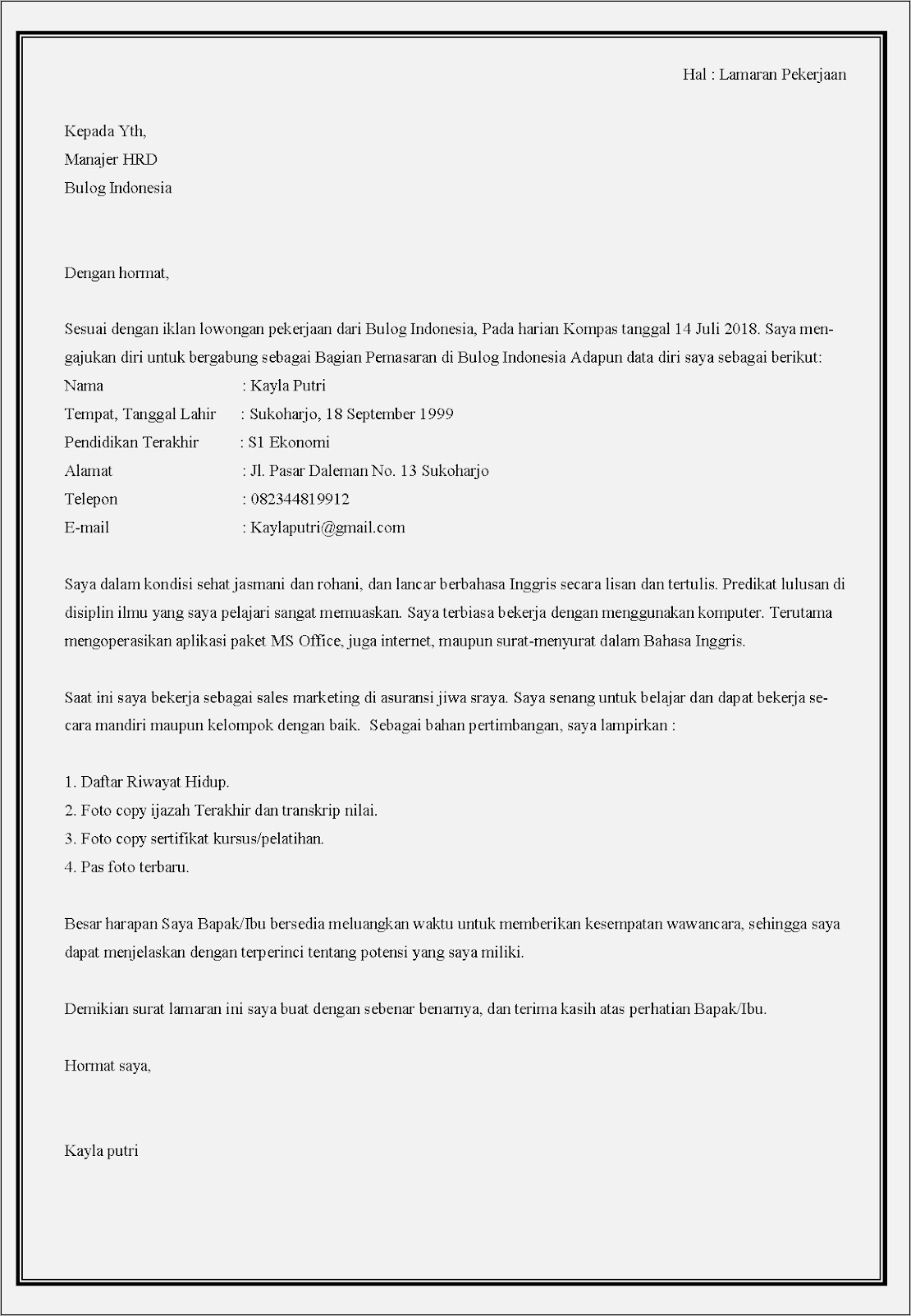 Contoh Surat Lamaran Pln Group