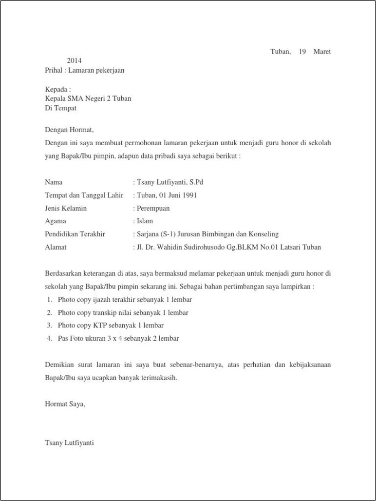 Contoh Surat Lamaran Pln Sma