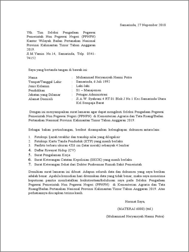 Contoh Surat Lamaran Provinsi Kalimantan Timur