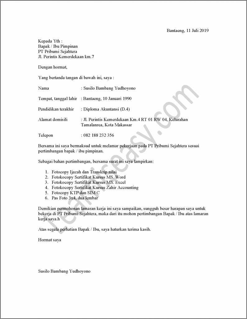 Contoh Surat Lamaran Pt Pertamina 2019