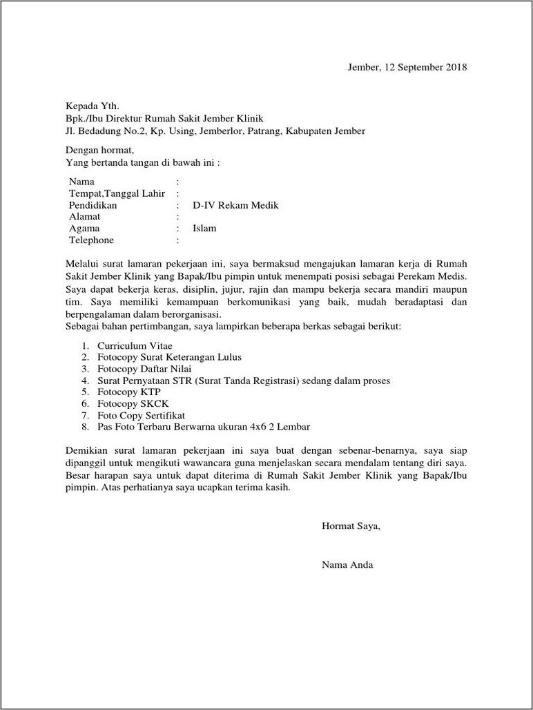 Contoh Surat Lamaran Rekam Medik