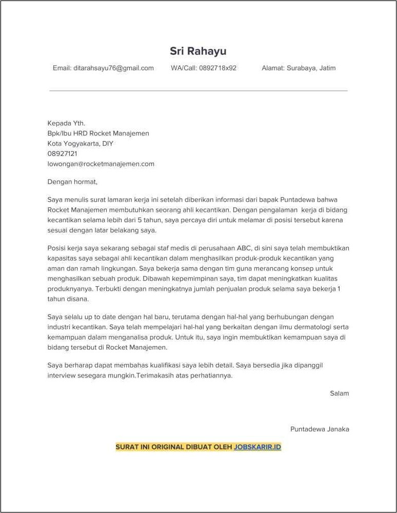 Contoh Surat Lamaran Rekam Medis Diklinik