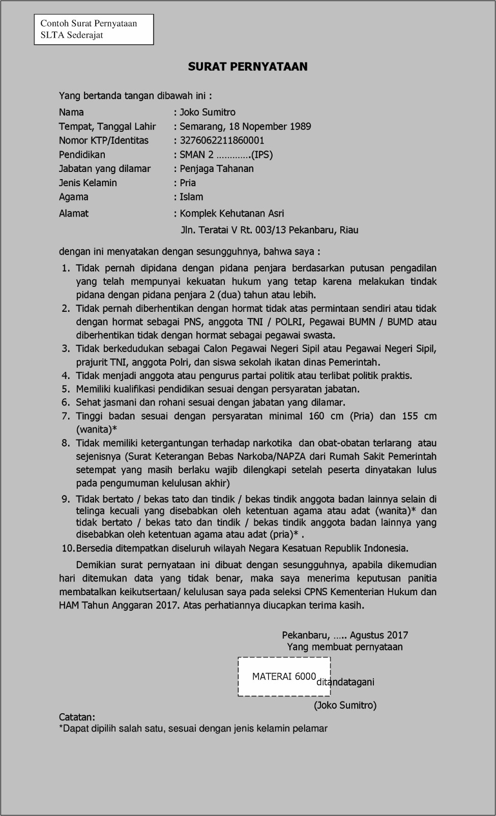 Contoh Surat Lamaran Resmi Cpns 2017 Kemenkumham