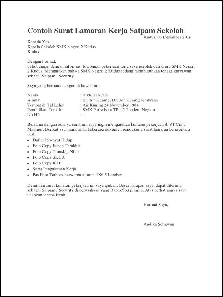 Contoh Surat Lamaran Satpam Sekolah