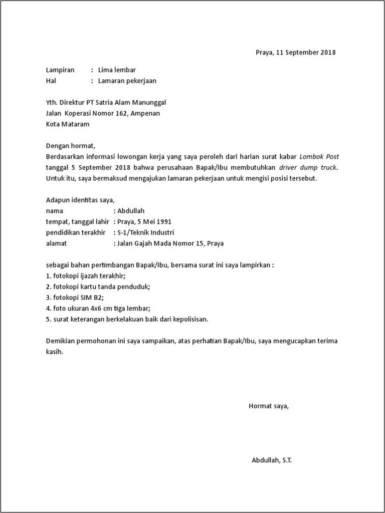 Contoh Surat Lamaran Sebagai Driver Sehat Motor
