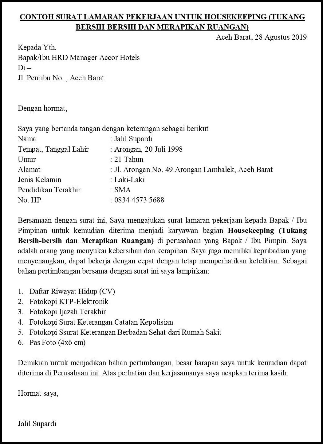 Contoh Surat Lamaran Sebagai Supervisor