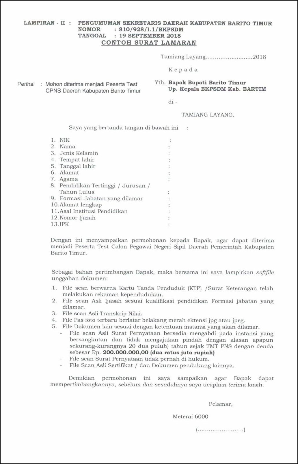 Contoh Surat Lamaran Sekda S1 Cpns
