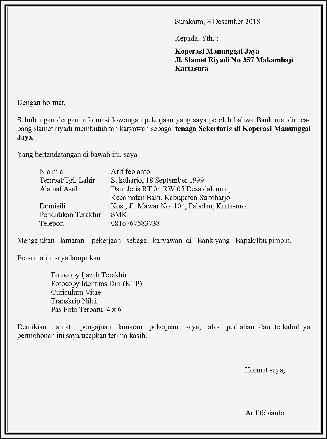 Contoh Surat Lamaran Sekretaris Pimpinan Universitas