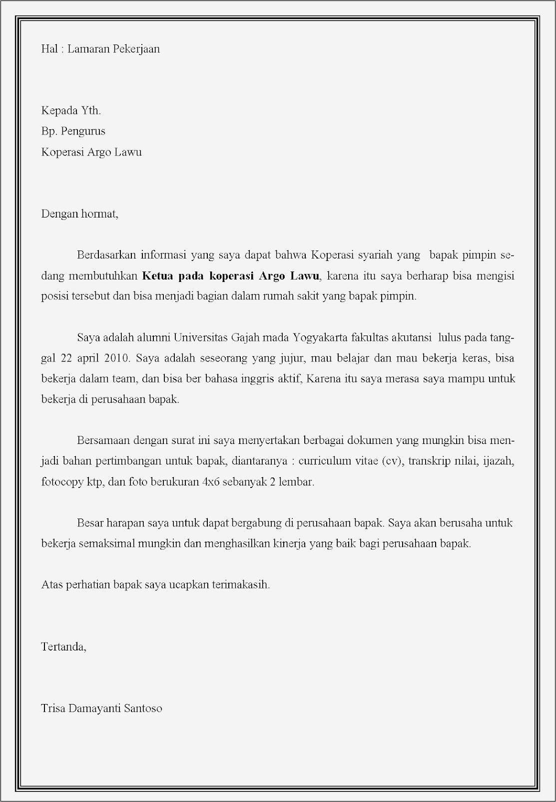 Contoh Surat Lamaran Sekretaris Pimpinan