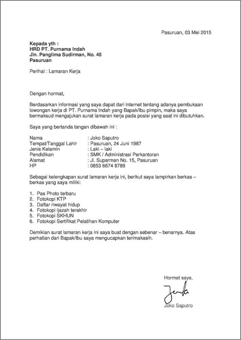 Contoh Surat Lamaran Selebaran